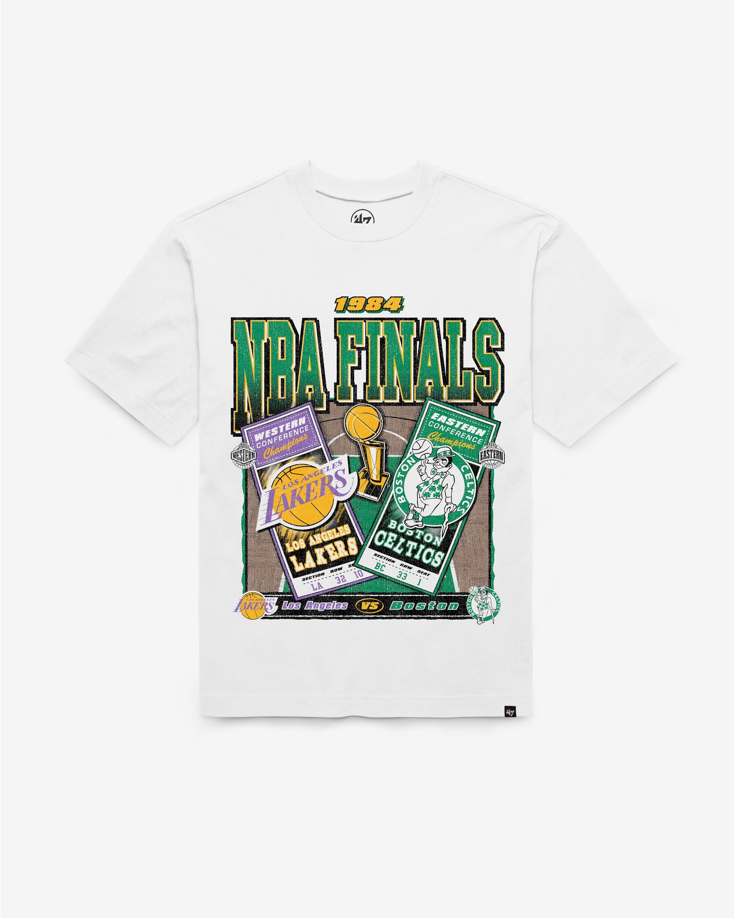 LOS ANGELES LAKERS VS. BOSTON CELTICS 1984 NBA FINALS DUELING COURT MATCHUP '47 FOUNDATION TEE Official NBA Fan Gear